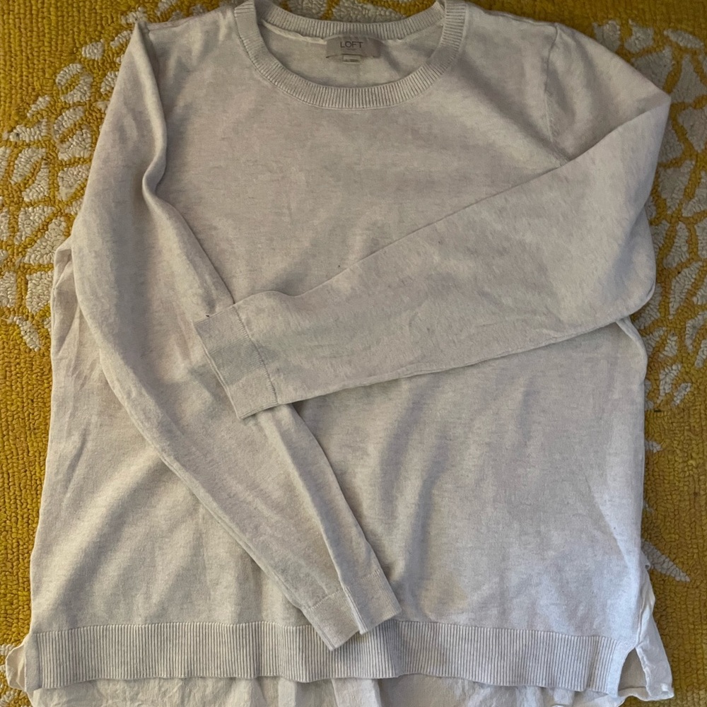 GUC Oatmeal sweater with shirt detail I’m back